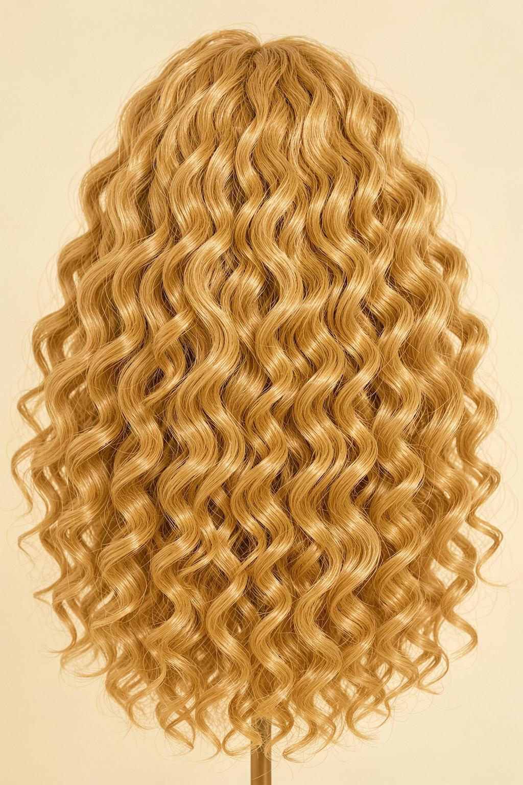 Voluminous virgin curly hair in honey blonde